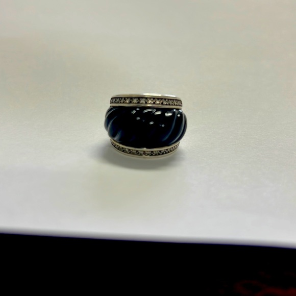 David Yurman Carved Onyx Ring Diamond Domed Sculpted Wide Band Sterling Silver - Picture 1 of 4